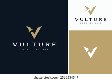 Initial Letter V with Flying Vulture Bird Silhouette or Victory Eagle Hawk Falcon Premium Badge logo design