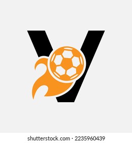 Initial Letter V Football Logo Concept With Moving Football Icon and Fire symbol. Soccer Logotype Vector Template