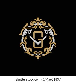Initial letter V and G, VG, GV, decorative ornament emblem badge, overlapping monogram logo, elegant luxury silver gold color on black background