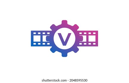 Initial Letter V Gear Cog Wheel with Reel Stripes Filmstrip for Film Movie Cinema Production Studio Logo Inspiration
