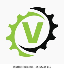 Initial Letter V Gear Logo Design Template. Automotive Gear Logo for Business and Industrial Identity