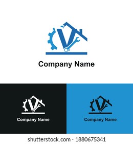 Letra inicial V con engranaje, llave inglesa e icono del hogar para el vector de diseño del logotipo de renovación, construcción, reparación y mantenimiento del hogar