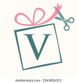 Initial Letter V Gift Box Logo Design Concept With Ribbon and Scissors Symbol For Weeding and Birthday Gift Sign