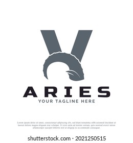 Initial Letter V with Goat Ram Sheep Horn for Aries Logo Design Inspiration. Animal Logo Element Template