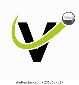 Diseño del logotipo de golf de la carta inicial V. Signo inicial de la academia deportiva de hockey, símbolo de club