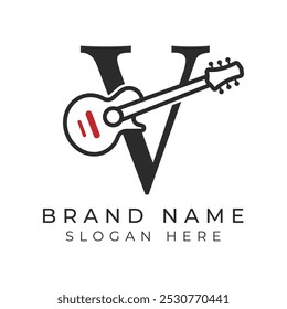 Initial Letter V Guitar icon with Line Art Style for Chord. Alphabet V with Musical instrument logo design