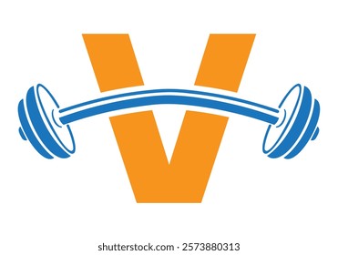 Initial Letter V Gym Logo Design Concept With Straight and Curved Barbell Symbol. Fitness Sign, Bodybuilding, Workout Vector