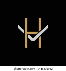 Initial letter V and H, VH, HV, overlapping interlock logo, monogram line art style, silver gold on black background