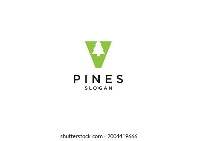 initial letter V with Hemlock, Evergreen, Pines, Spruce, Cedar trees logo design