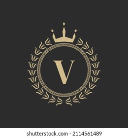 Initial Letter V Heraldic Royal Frame with Crown and Laurel Wreath. Simple Classic Emblem. Round Composition. Graphics Style. Art Elements for Logo Design Vector Illustration