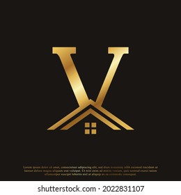 Initial Letter V Home House Golden Logo Design. Real Estate Logo Concept. Vector Illustration