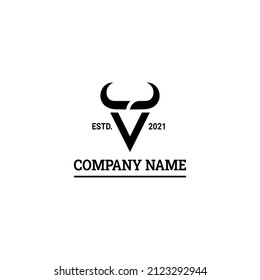 letra inicial v con cuernos de toro, búfalo, diseño del logo de vaca