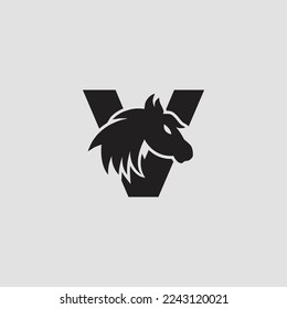 Initial letter V with horse vector logo design. Horse Letter V Illustration Template Icon emblem Isolated.