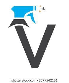 Initial Letter V House Cleaning Logo Concept With Hygiene Sprays Symbol