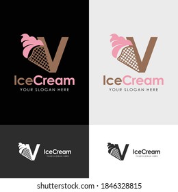 Initial Letter V with Ice Cream Logo Template Design. Vector illustration.