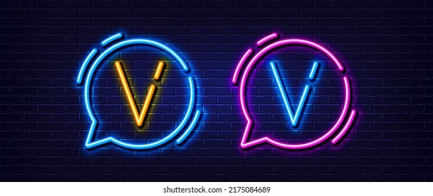 Initial letter V icon. Neon light line effect. Line typography character sign. Large first font letter. Glowing neon light speech bubble. Letter V glow 3d line. Brick wall banner. Vector