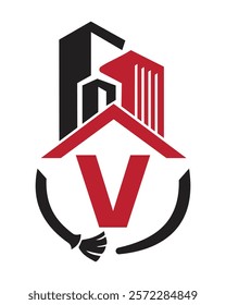 Initial Letter V Industrial Cleaning Logo Concept With Cleaning Brush and Building Symbol. Broom Sign