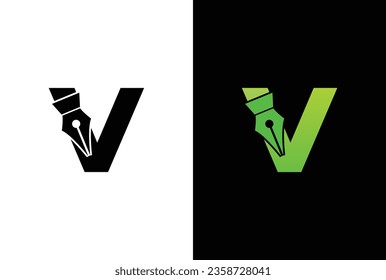 diseño inicial del logotipo del lápiz de tinta de letra V. Logo de la pluma Carta V en un concepto de estilo moderno.