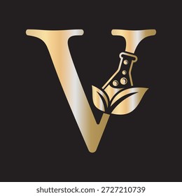 Diseño inicial del logotipo del laboratorio de la letra V combinado con el símbolo del tubo de ensayo y de la hoja