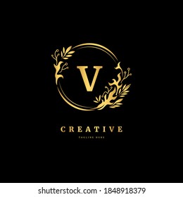 Anfangsbuchstabe V mit Logo-Vektorkonzept-Element, Buchstabe V-Logo mit Blumenzierdekor