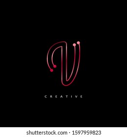 Initial Letter V line Logo Icon Abstract Techno line Vector Design Concept Red Color.