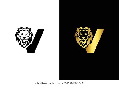 Initial Letter V Lion Head , Elegant Luxury Logo Design Vector. Lion head inside letter V Abstract, creative emblem for logotype, brand identity, company design.