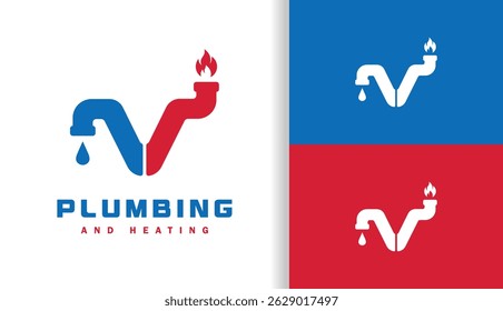 Anfangsbuchstabe V Logo Kombination von Rohren mit Feuer- und Wasserdetails, in Rot- und Blaufarben