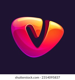 Initial letter V logo cut out of triangle sphere shape. Multicolor metallic arrow icon template. Abstract vector design element. Perfect for play button, fintech identity, sport emblem, delivery app.