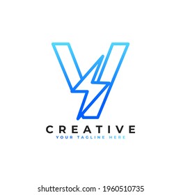 Initial Letter V Logo With Lighting Thunder Bolt in Linear Style. Alphabet Suitable for Fast, Power, Flash, Electric, Identity, Moving and Speed.