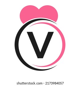Initial Letter V Logo with Love Icon or Heart Sign In Modern Style Vector Template