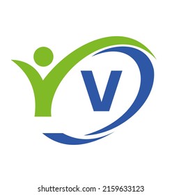 Initial Letter V Logo, Medical Design with Human Symbol. People Healthcare and Letter V Wellness Logo, Fitness Sign
