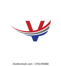 initial letter v logo swoosh wing red, blue and grey color
