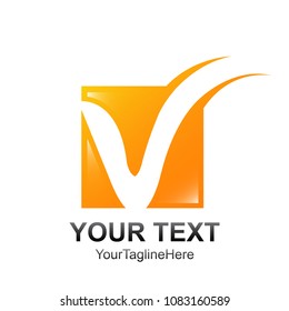Initial letter V logo template colored orange square swoosh design for business and company identity