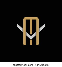 Initial letter V and M, VM, MV, overlapping interlock logo, monogram line art style, silver gold on black background