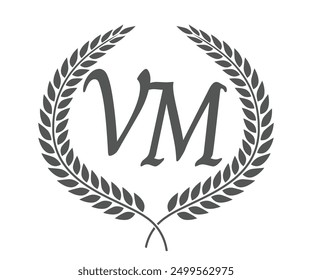 Initial letter V and M, VM monogram logo design with laurel wreath. Luxury calligraphy font.