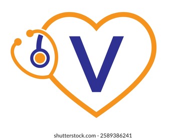 Initial Letter V Medical Logo Concept With Heart and Stethoscope Symbol For Healthcare and Medical Sign