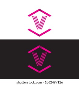 Letra inicial v , logotipo de hexágono de arte de línea minimalista, color rosa aislado en blanco y negro.