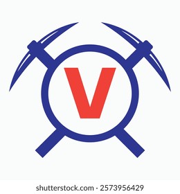 Initial Letter V Mining Logo Combine With Pickaxe Symbol Vector Template
