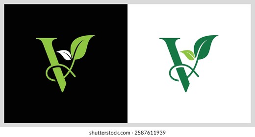 Initial letter V monogram logo with leaf design