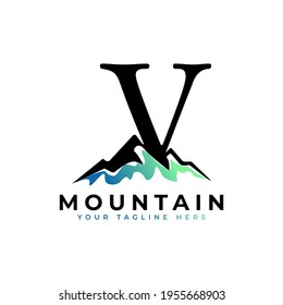 Logo De La Letra Inicial V Montaña. Explore Mountain Advanture Symbol Company Logo Template (Elemento de plantilla del logotipo de la empresa).