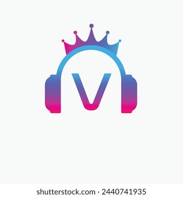 Initial Letter V Music Logo, Music Logo Crown Headphone Symbol Logo Icon Vector Template