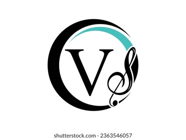 Initialbuchstabe V mit einem Notenlogo. Symbol für musikalisches Zeichen. Schriftemblem. Moderne Design-Vorlage für Vektorgrafiken