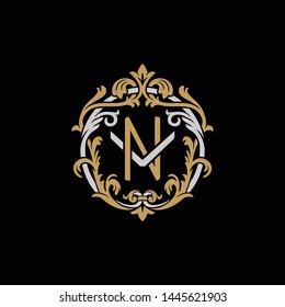 Initial letter V and N, VN, NV, decorative ornament emblem badge, overlapping monogram logo, elegant luxury silver gold color on black background