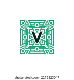 Letra inicial V logotipo del marco de patrón cuadrado ornamental