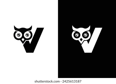 Initial letter V with owl modern company business logo icon. Simple and creative owl logo design vector, combination of letter V and owl.