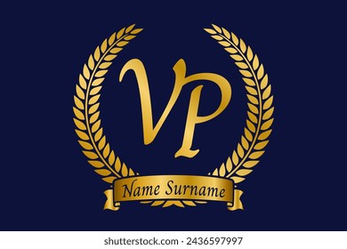 Initial letter V and P, VP monogram logo design with laurel wreath. Luxury golden emblem with calligraphy font.