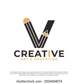 Initial Letter V with Pencil Logo Design Icon Template Element