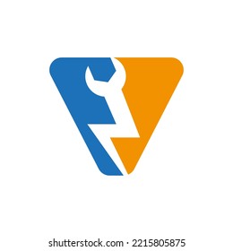 Initial Letter V Repair Wrench And Volt Power Logo Design For Repair, Electrical Sign Vector Template