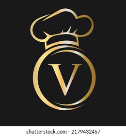 Initial Letter V Restaurant Logo Template. Restaurant Logo Concept with Chef Hat Symbol Vector Sign