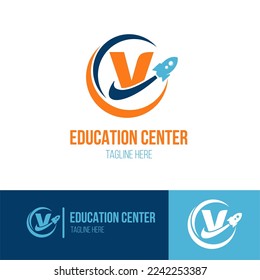 Initial Letter V with Rocket Spaceship icon for Success, Education Center, Fast Learning, Technology Business Logo Idea